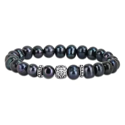 8-9mm Freshwater Cultured Pearl Stretchable Bracelet with Silvertone Rondelles