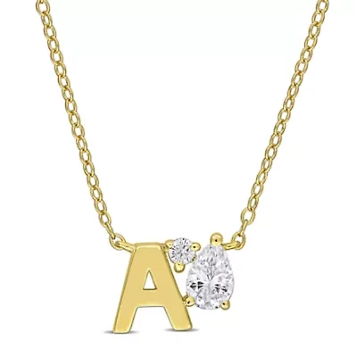 Lab Created White Sapphire Initial Necklace Yellow Plated Sterling Silver