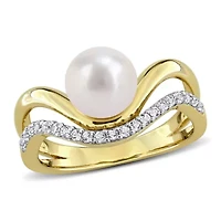 7.5-8mm Freshwater Cultured Pearl & White Topaz Ring Yellow Plated Sterling Silver