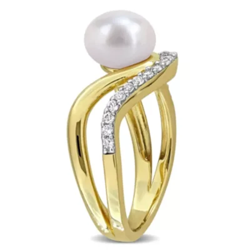 7.5-8mm Freshwater Cultured Pearl & White Topaz Ring Yellow Plated Sterling Silver