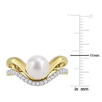 7.5-8mm Freshwater Cultured Pearl & White Topaz Ring Yellow Plated Sterling Silver