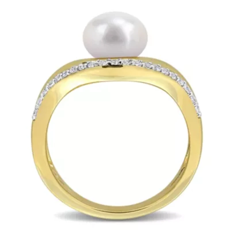 7.5-8mm Freshwater Cultured Pearl & White Topaz Ring Yellow Plated Sterling Silver