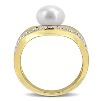 7.5-8mm Freshwater Cultured Pearl & White Topaz Ring Yellow Plated Sterling Silver