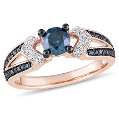 Blue & White Diamond Ring 10k Rose Gold Black Rhodium Plated