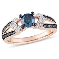 Blue & White Diamond Ring 10k Rose Gold Black Rhodium Plated