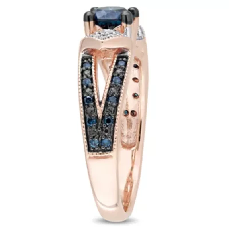 Blue & White Diamond Ring 10k Rose Gold Black Rhodium Plated