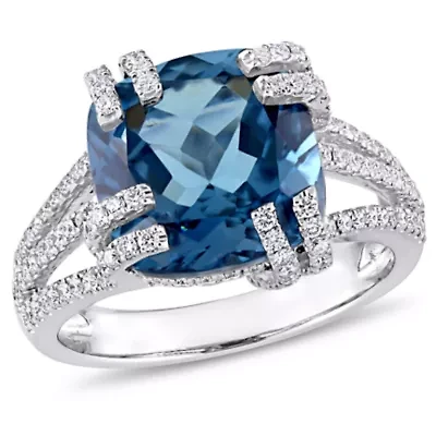 Diamond & London Blue Topaz Ring 14k White Gold