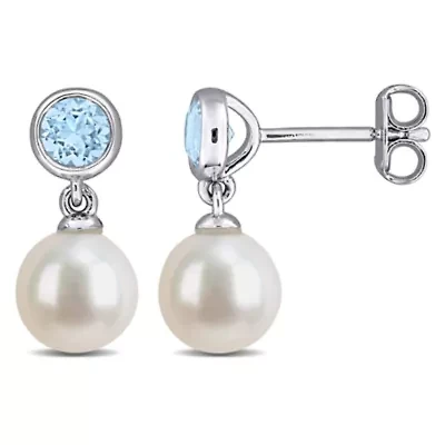 7-7.5mm Freshwater Cultured Pearl & Gemstone Drop Earrings Sterling Silver