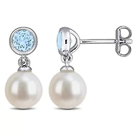 7-7.5mm Freshwater Cultured Pearl & Gemstone Drop Earrings Sterling Silver