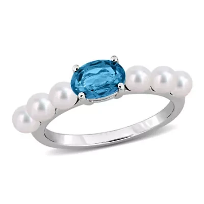 3.5-4mm Freshwater Cultured Pearl & London Blue Topaz Ring Sterling Silver