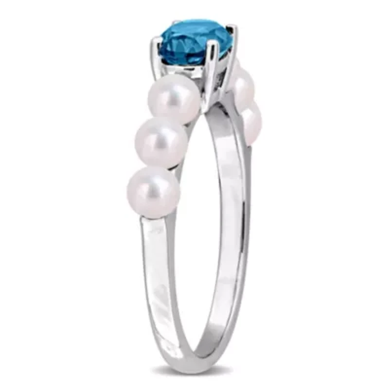 3.5-4mm Freshwater Cultured Pearl & London Blue Topaz Ring Sterling Silver