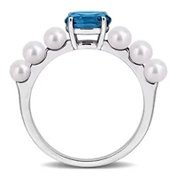3.5-4mm Freshwater Cultured Pearl & London Blue Topaz Ring Sterling Silver