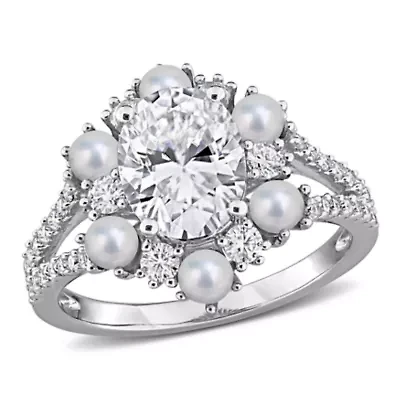 Lab Created 3-3.5mm Freshwater Cultured Pearl & White Moissanite Ring Sterling Silver