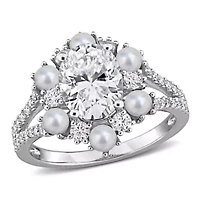 Lab Created 3-3.5mm Freshwater Cultured Pearl & White Moissanite Ring Sterling Silver