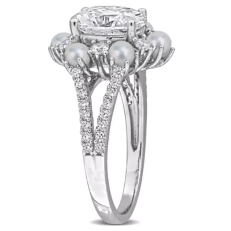 Lab Created 3-3.5mm Freshwater Cultured Pearl & White Moissanite Ring Sterling Silver