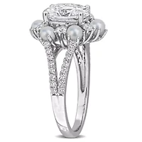 Lab Created 3-3.5mm Freshwater Cultured Pearl & White Moissanite Ring Sterling Silver