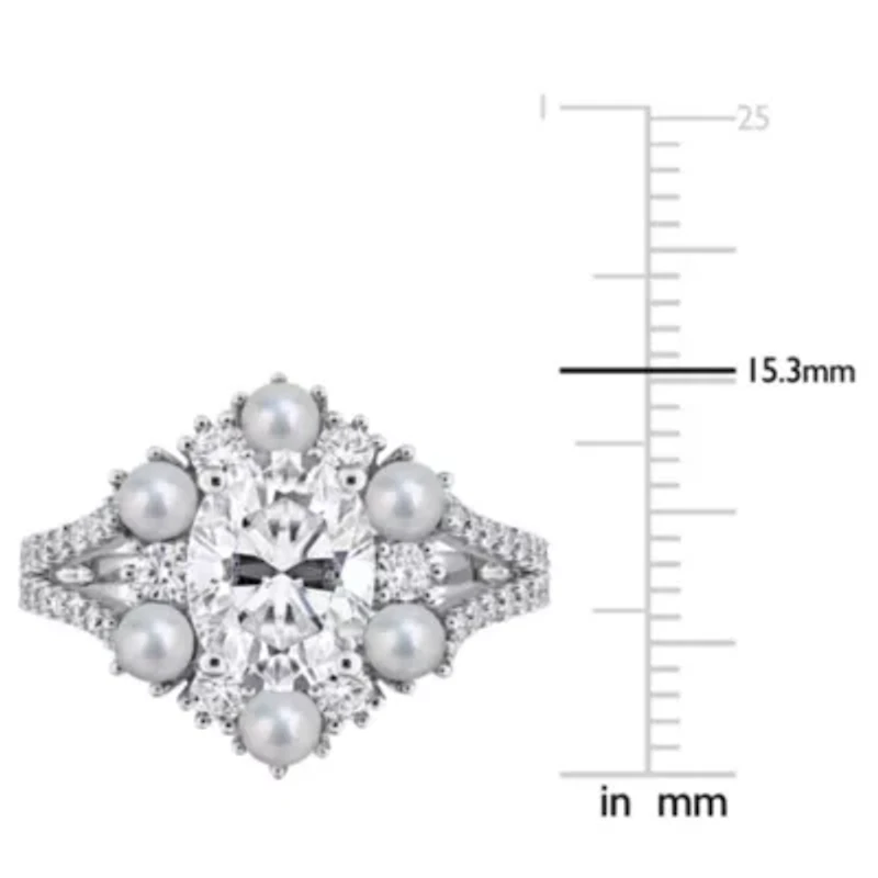 Lab Created 3-3.5mm Freshwater Cultured Pearl & White Moissanite Ring Sterling Silver