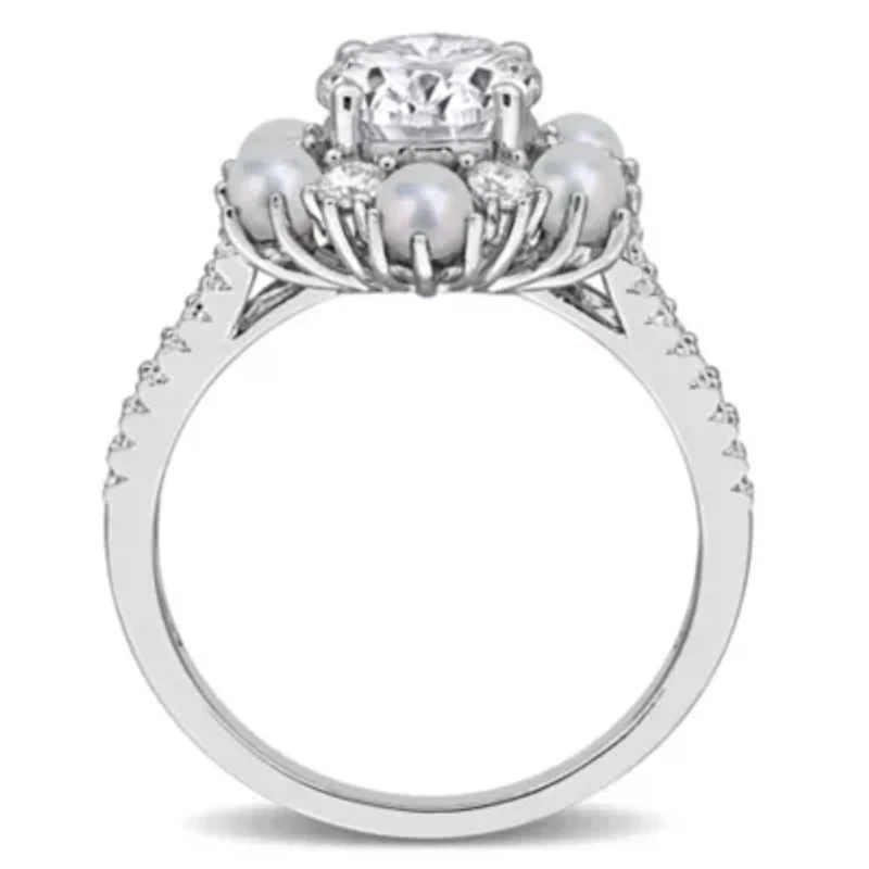 Lab Created 3-3.5mm Freshwater Cultured Pearl & White Moissanite Ring Sterling Silver