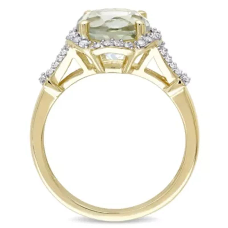Diamond & Green Quartz Ring 14k Yellow Gold