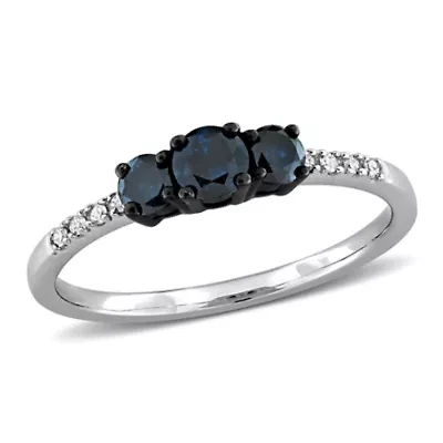 Blue & White Diamond 3 Stone Ring 10k Gold Black Rhodium Plated