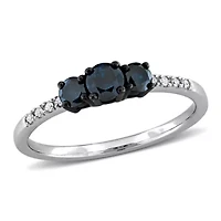 Blue & White Diamond 3 Stone Ring 10k Gold Black Rhodium Plated