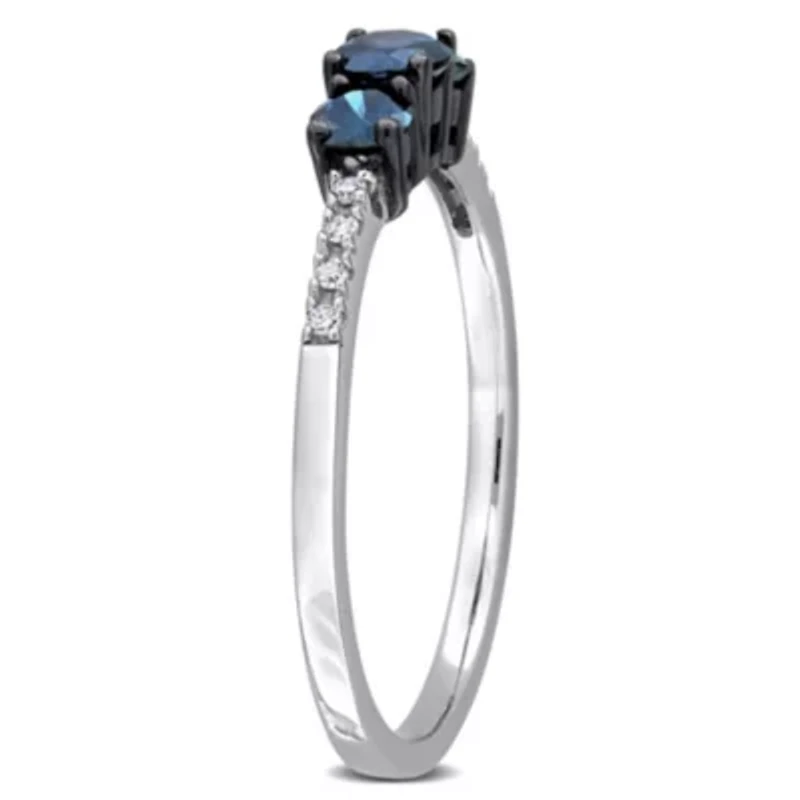 Blue & White Diamond 3 Stone Ring 10k Gold Black Rhodium Plated