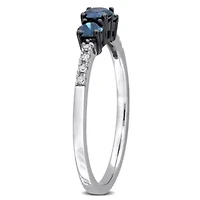 Blue & White Diamond 3 Stone Ring 10k Gold Black Rhodium Plated