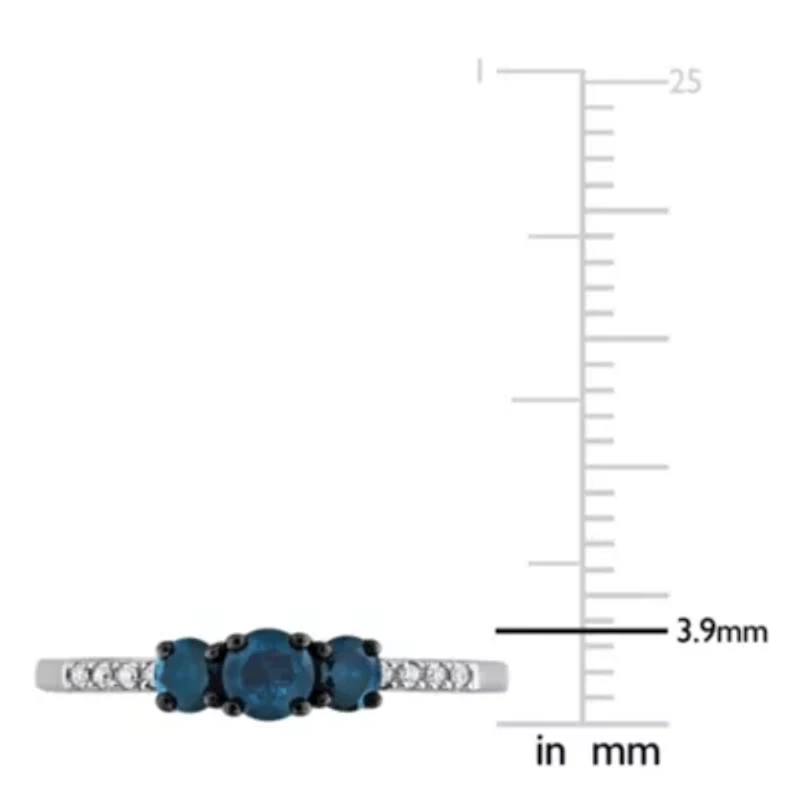 Blue & White Diamond 3 Stone Ring 10k Gold Black Rhodium Plated