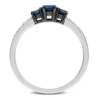 Blue & White Diamond 3 Stone Ring 10k Gold Black Rhodium Plated