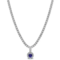 Lab Created Sapphire Halo Semi Tennis Necklace Sterling Silver