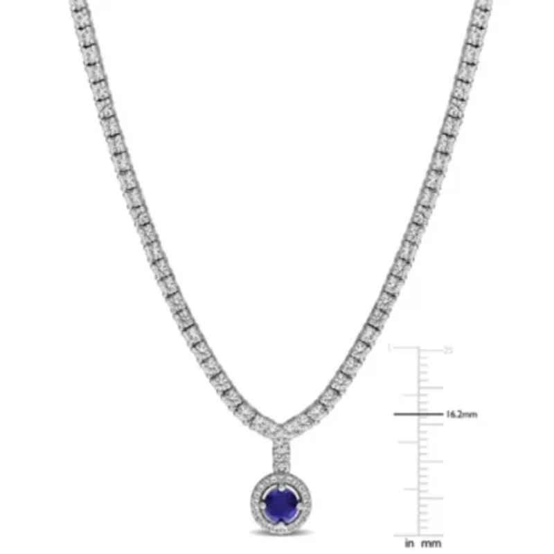 Lab Created Sapphire Halo Semi Tennis Necklace Sterling Silver