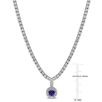 Lab Created Sapphire Halo Semi Tennis Necklace Sterling Silver