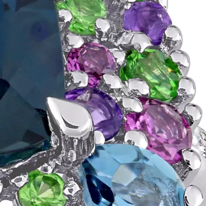 Multi Gemstone & Diamond Accent Square Cocktail Ring Sterling Silver
