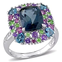 Multi Gemstone & Diamond Accent Square Cocktail Ring Sterling Silver