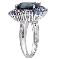 Multi Gemstone & Diamond Accent Square Cocktail Ring Sterling Silver