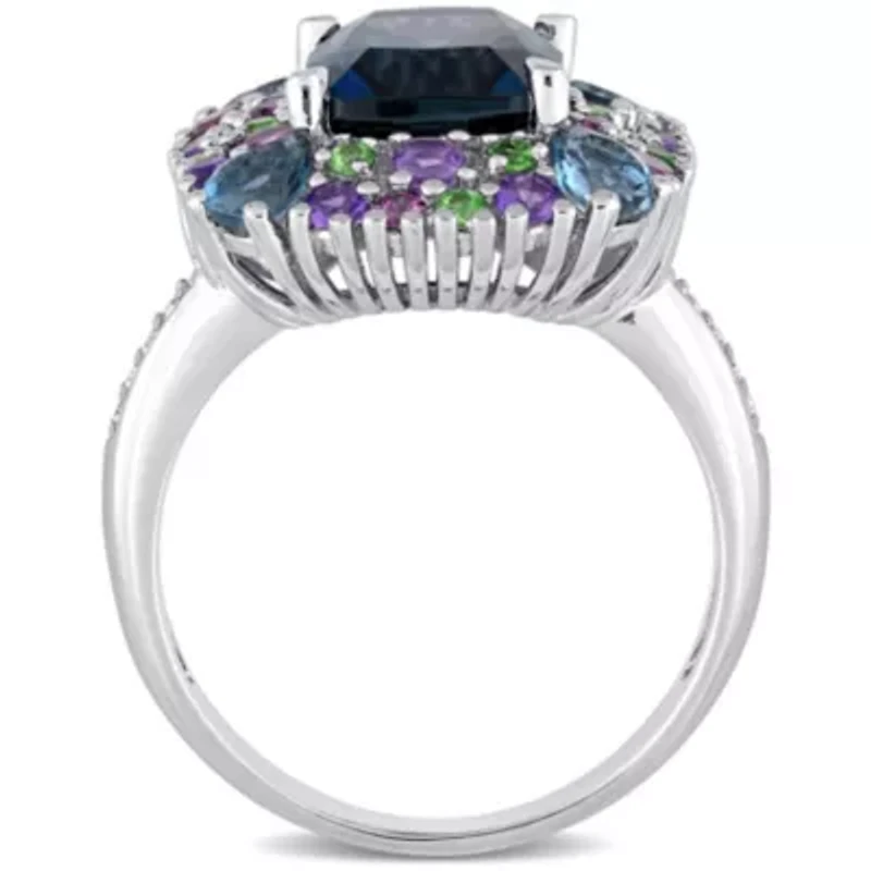 Multi Gemstone & Diamond Accent Square Cocktail Ring Sterling Silver