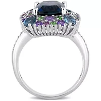 Multi Gemstone & Diamond Accent Square Cocktail Ring Sterling Silver
