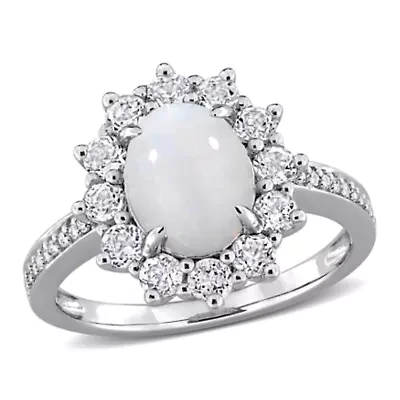 Diamond & Opal White Topaz Halo Ring Sterling Silver