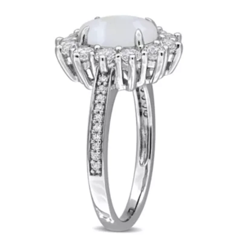 Diamond & Opal White Topaz Halo Ring Sterling Silver