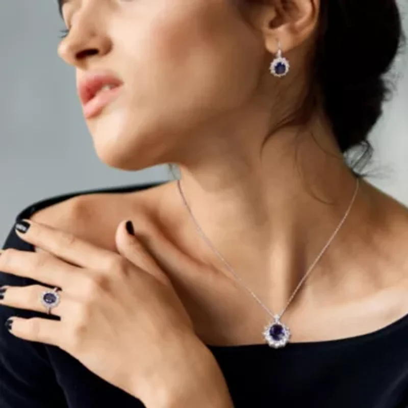 Lab Created 3-PC Set of Diamond & Blue White Sapphire Halo Pendant with Chain, Earrings Ring Sterling Silver