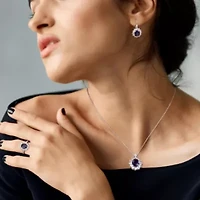 Lab Created 3-PC Set of Diamond & Blue White Sapphire Halo Pendant with Chain, Earrings Ring Sterling Silver