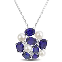 Lab Created Pearl & Gemstone Cluster Pendant with Chain
