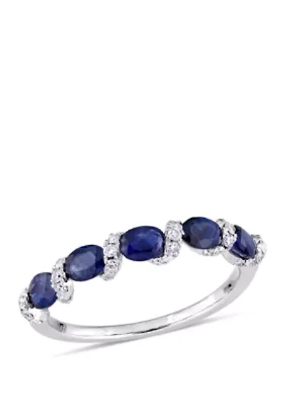 7/8 ct. t.w. Oval Sapphire and 1/4 Diamond Ribbon Ring 14k White Gold