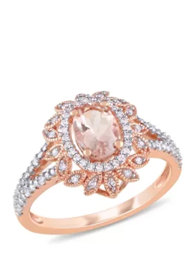 3/4 ct. t.w. Morganite and 1/5 Diamond Halo Split Shank Ring 10k Rose Gold