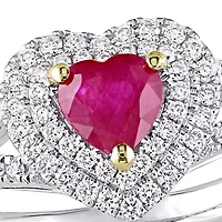 3/5 ct. t.w. Ruby and 2/5 Diamond Double Halo Heart Ring 14k White Gold with Yellow Prongs