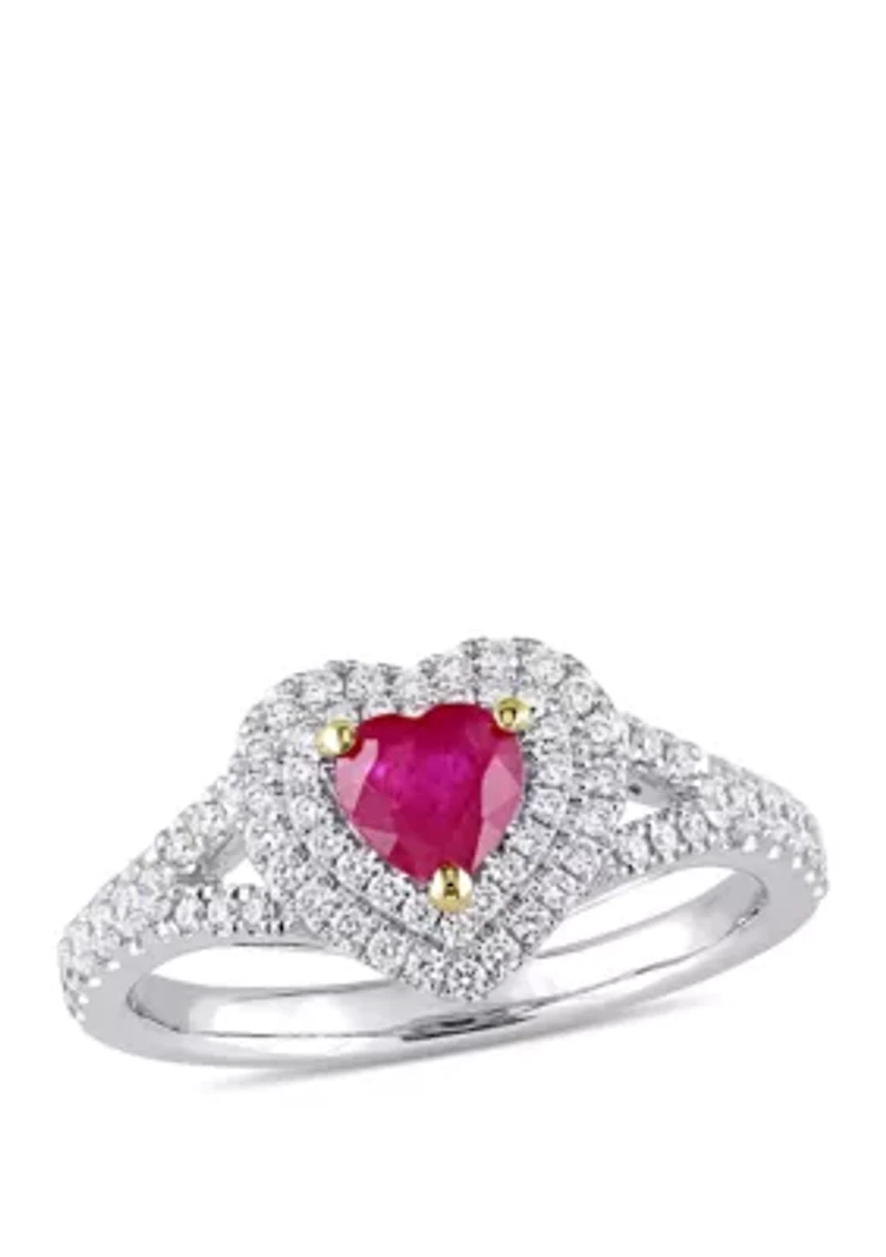 3/5 ct. t.w. Ruby and 2/5 Diamond Double Halo Heart Ring 14k White Gold with Yellow Prongs