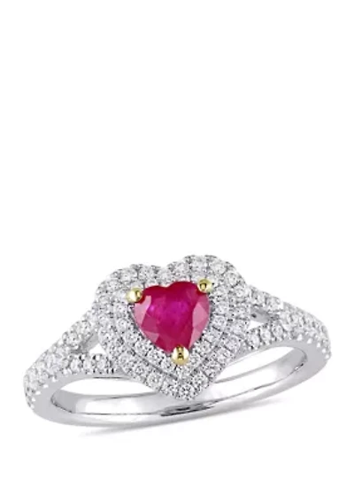 3/5 ct. t.w. Ruby and 2/5 Diamond Double Halo Heart Ring 14k White Gold with Yellow Prongs
