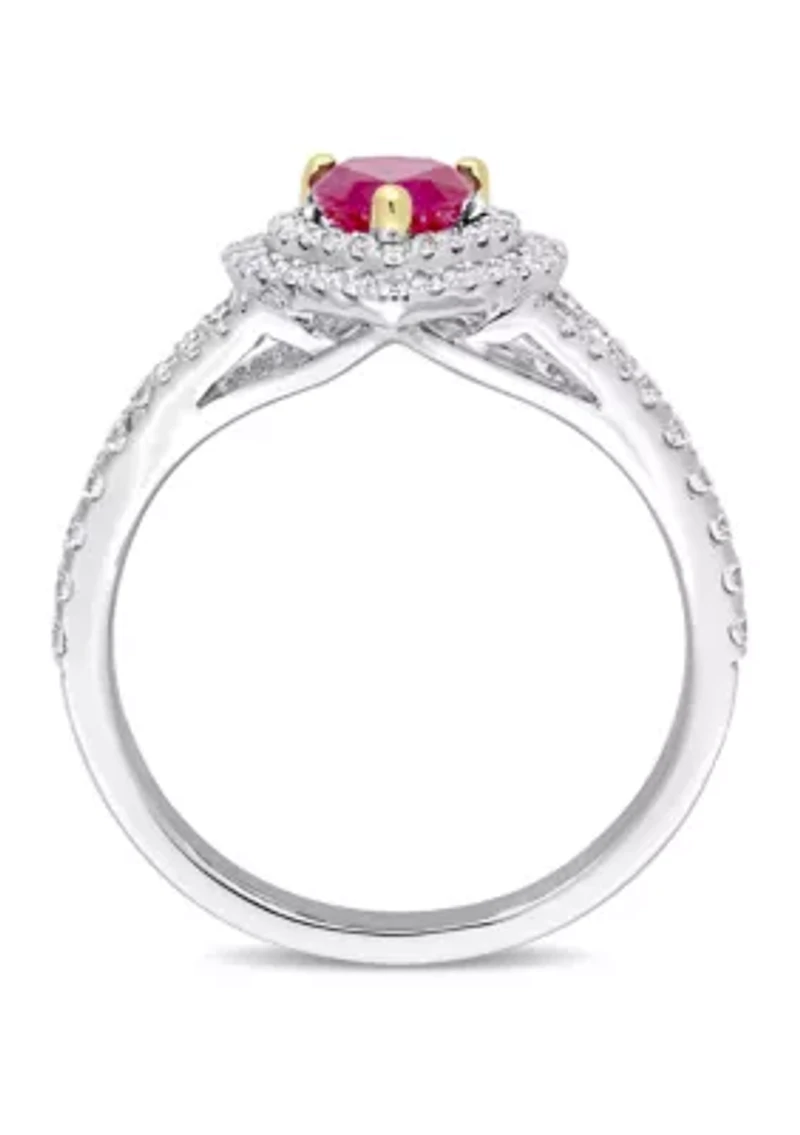 3/5 ct. t.w. Ruby and 2/5 Diamond Double Halo Heart Ring 14k White Gold with Yellow Prongs