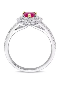 3/5 ct. t.w. Ruby and 2/5 Diamond Double Halo Heart Ring 14k White Gold with Yellow Prongs