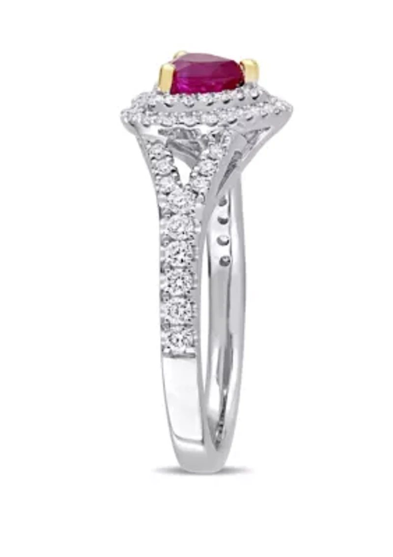 3/5 ct. t.w. Ruby and 2/5 Diamond Double Halo Heart Ring 14k White Gold with Yellow Prongs
